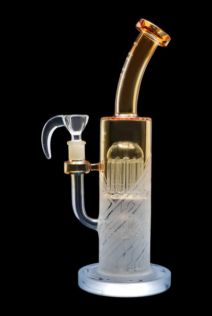 Glass water pipe (bong) with intricate percolator design.