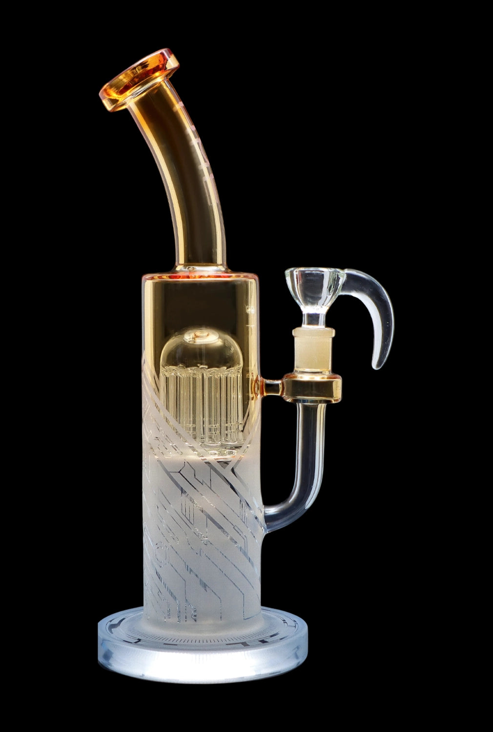 Glass water pipe (bong) with intricate diffusion system, isolated on a black background.