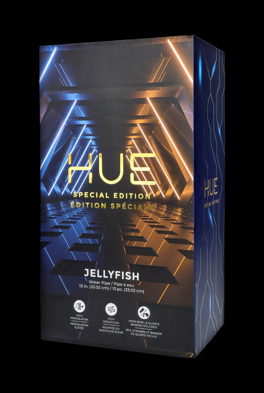 A sleek, black box for a “Hue” Special Edition Jellyfish water pipe, featuring iridescent blue and purple graphics and details about percolation and included accessories.