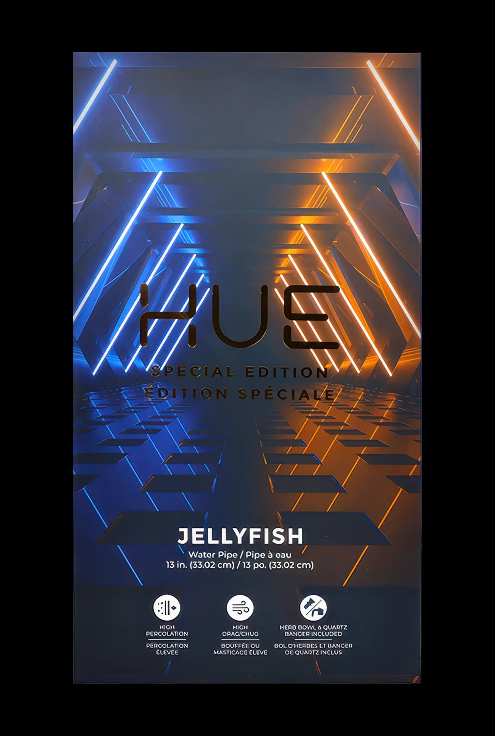 A promotional image for the “Hue” special edition “Jellyfish” water pipe, featuring a vibrant, swirling blue and orange nebula-like design. It specifies the pipe is 13 inches and highlights features like high percolation and a quartz bowl. Bilingual text in English and French.