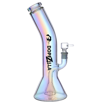 Side view of the iridescent Dopezilla Elemental Gryphon Bent Neck Bong - 12.2 in, showing its bent neck, logo, and downstem.