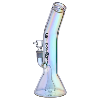Side view of the iridescent Dopezilla Elemental Gryphon Bent Neck Bong - 12.2 in, showing its angled neck, beaker base and glass bowl.