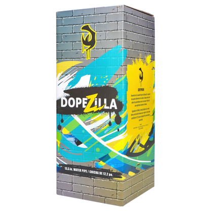 Three-quarter view of the colorful Dopezilla Elemental Gryphon Bent Neck Bong - 12.2 in packaging with graffiti-style teal, yellow, black, and white graphics on a faux brick background