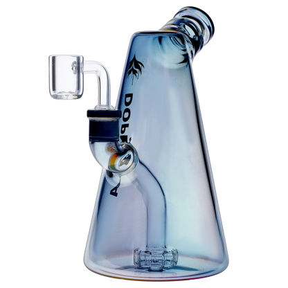 Close-up side view of the Dopezilla Elemental Sylph Dab Rig - 7.67 in. in translucent blue glass showing its angled neck, joint and percolator base.