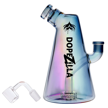 Angled close-up of the Dopezilla Elemental Sylph Dab Rig - 7.67 in. showing its iridescent glass body, logo, angled mouthpiece, and side joint.