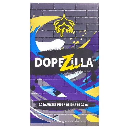 Centered front view of the Dopezilla Elemental Sylph Dab Rig - 7.67 in. box showing bold "DOPEZILLA" text over purple brick graffiti with yellow and blue paint splashes.