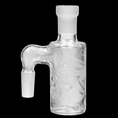 Close-up front view of a clear Milkyway Bee Hive Wet Ash Catcher showing its 90° curved joint and etched honeycomb detail.