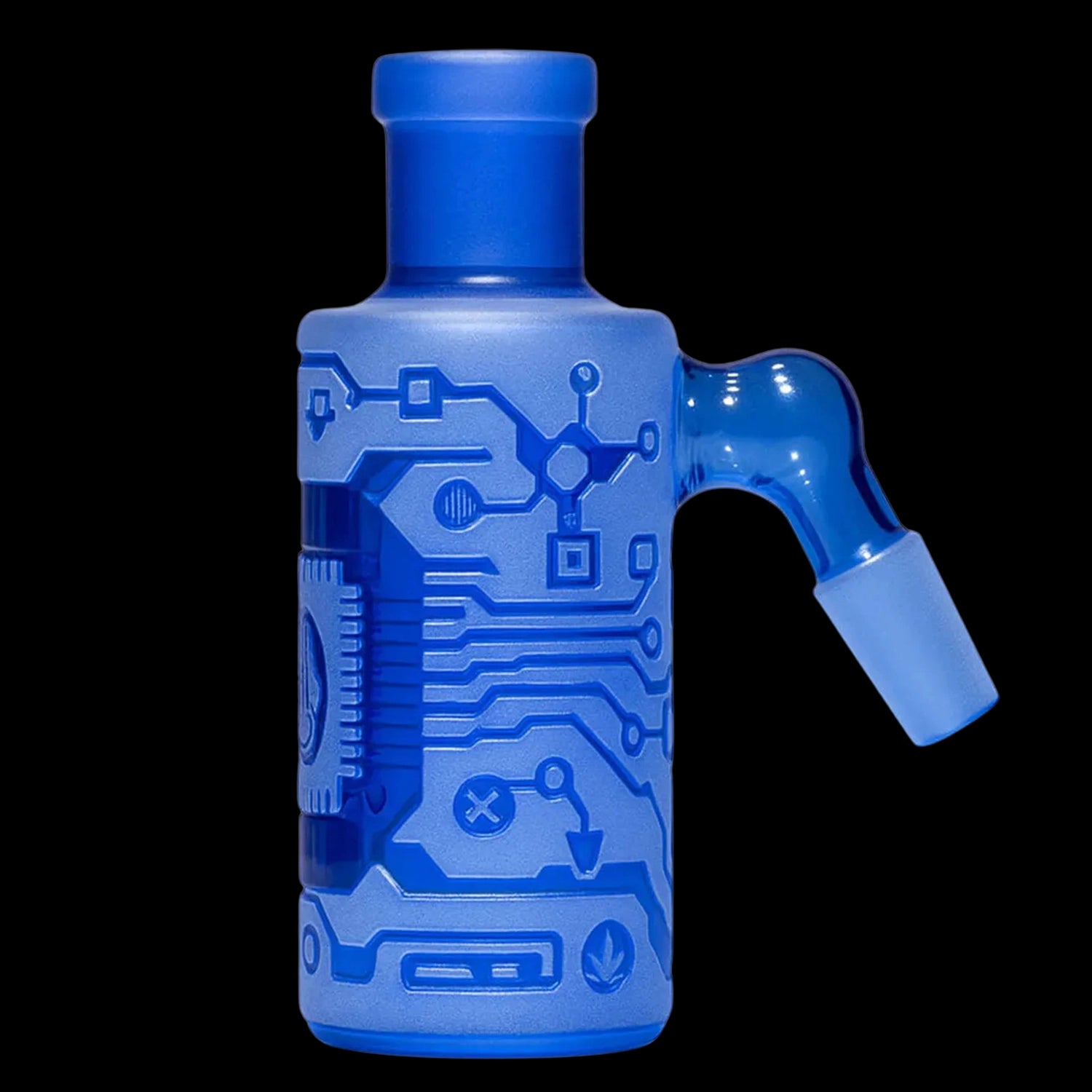 Close-up side view of the Milkyway Circuitboard Wet Ash Catcher in matte blue with circuit-like etched patterns and a curved joint.