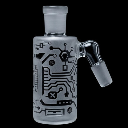 Close-up front view of the Milkyway Circuitboard Wet Ash Catcher showing a frosted clear glass body with black circuitboard graphics.