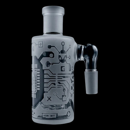 Close-up front view of the Milkyway Circuitboard Wet Ash Catcher showing frosted clear glass with etched circuitboard graphics and a right-side joint.