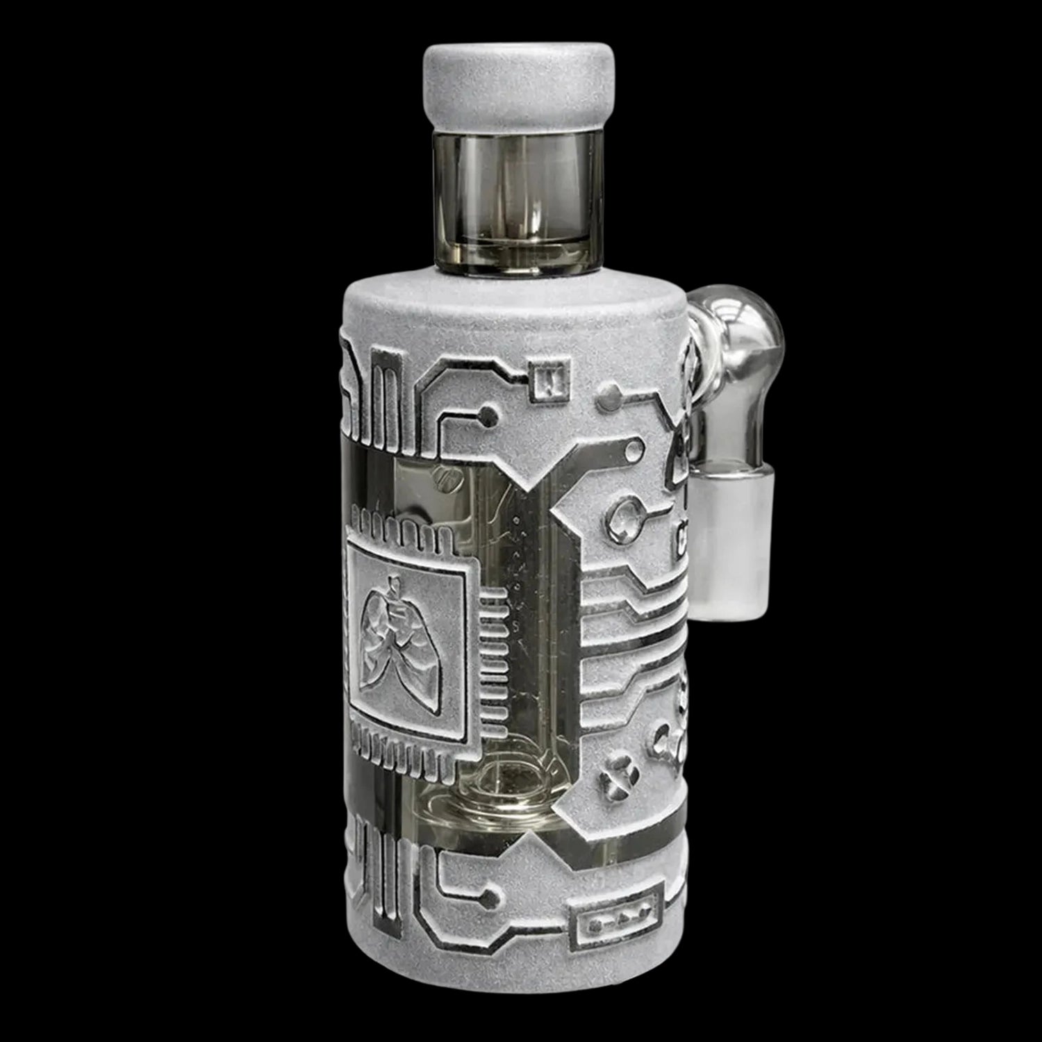 Close-up front view of the Milkyway Circuitboard Wet Ash Catcher showing a vertical smoked glass chamber wrapped in a textured silver circuitboard-style sleeve against a black background