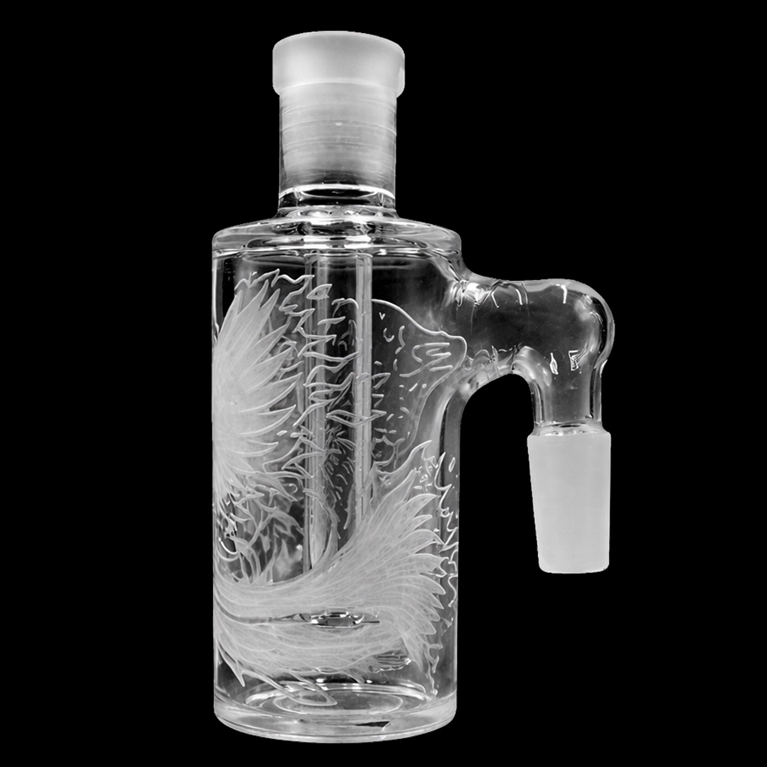 Close-up front view of the clear Milkyway Phoenix Sandblasted Showerhead Diffuser Wet Ash Catcher showing etched phoenix feather details and a frosted 14mm joint against a black background