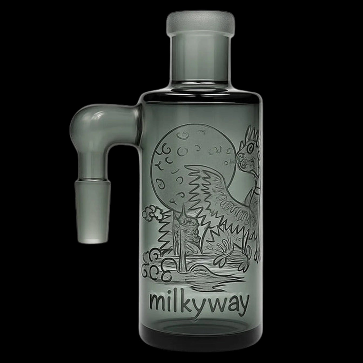 Close-up front view of the Milkyway Phoenix Sandblasted Showerhead Diffuser Wet Ash Catcher showing a frosted pink glass body with etched phoenix artwork and a 90° male joint.