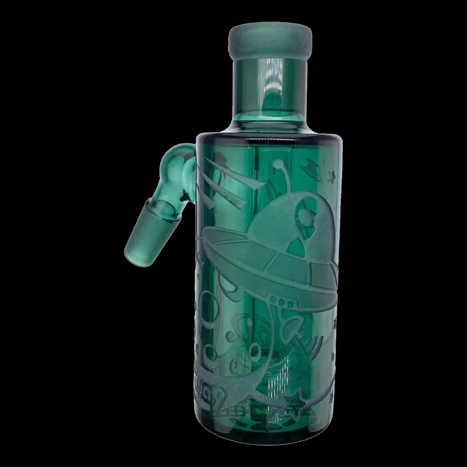 Close-up 45° view of the teal Milkyway Space Odyssey Wet Ash Catcher with etched space-themed graphics on a black background