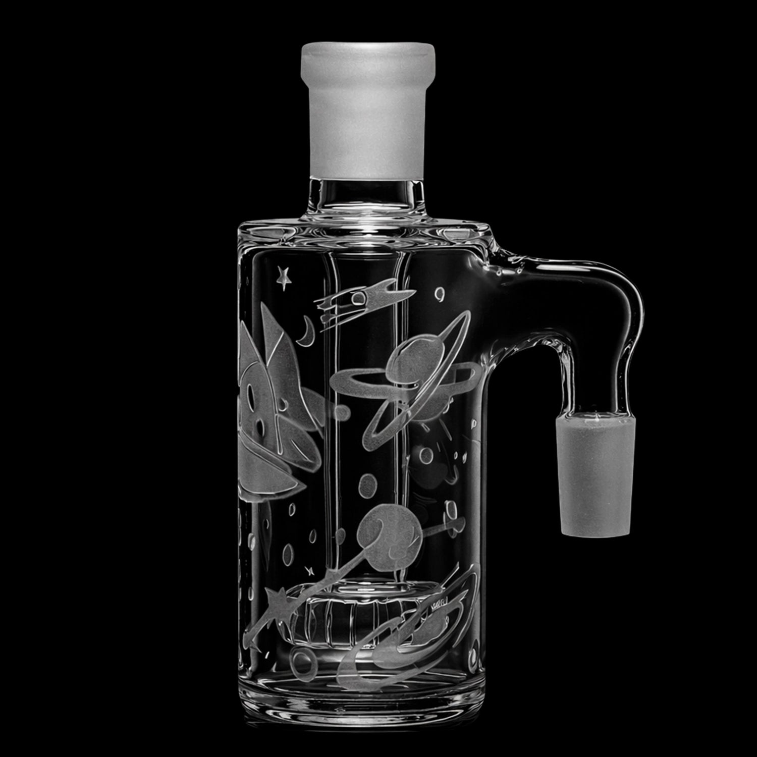 Close-up front view of the Milkyway Space Odyssey Wet Ash Catcher showing clear glass with etched space-themed planets, stars, and a 90° side joint against a black background