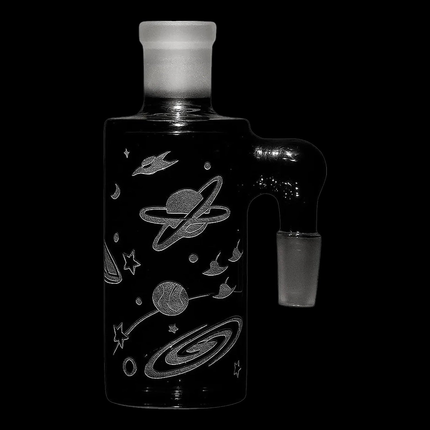 Close-up front view of the Milkyway Space Odyssey Wet Ash Catcher showing etched planets, stars and moons against black glass with a frosted 90° joint.