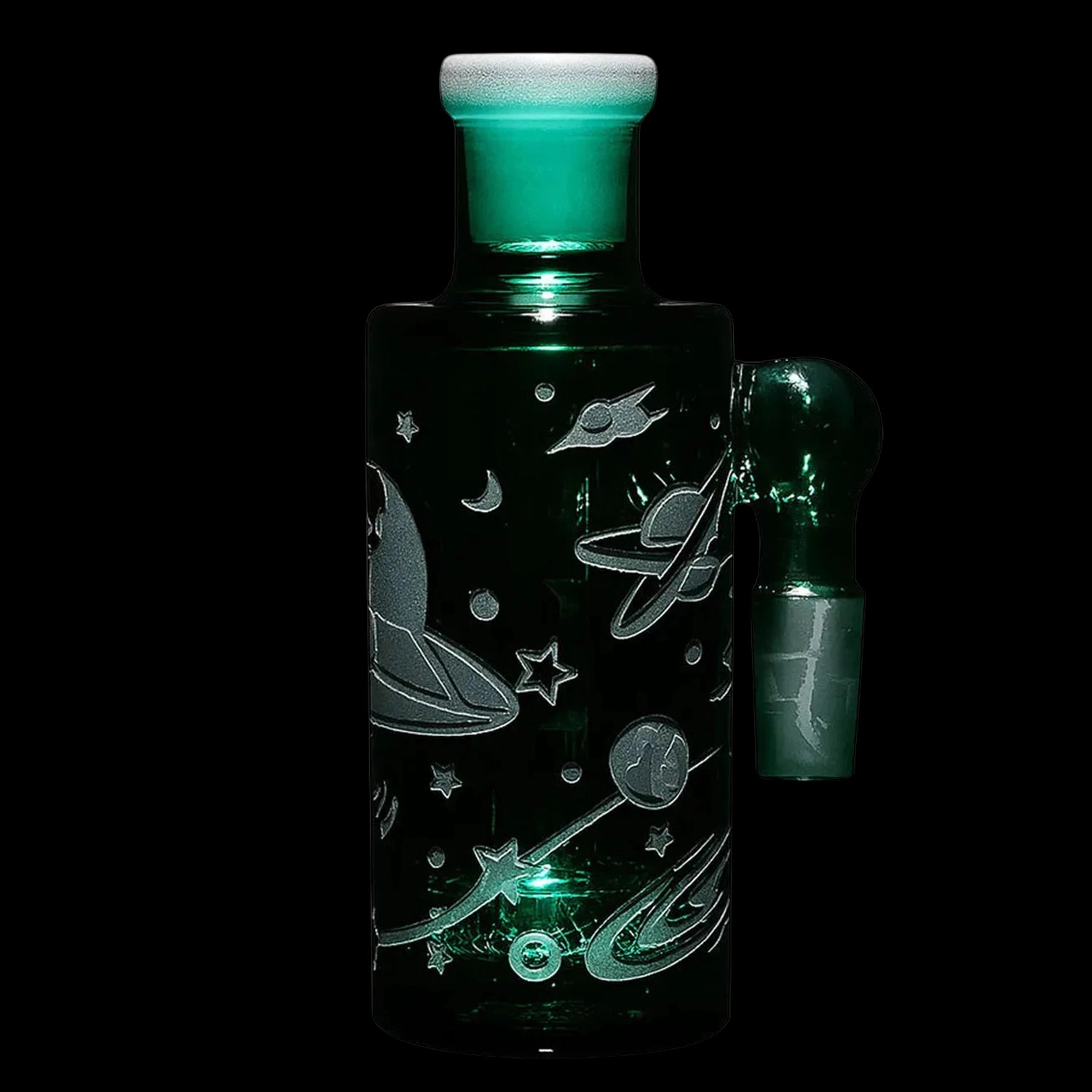 Close-up front view of the teal Milkyway Space Odyssey Wet Ash Catcher showing etched planet and star motifs and a side joint against a black background