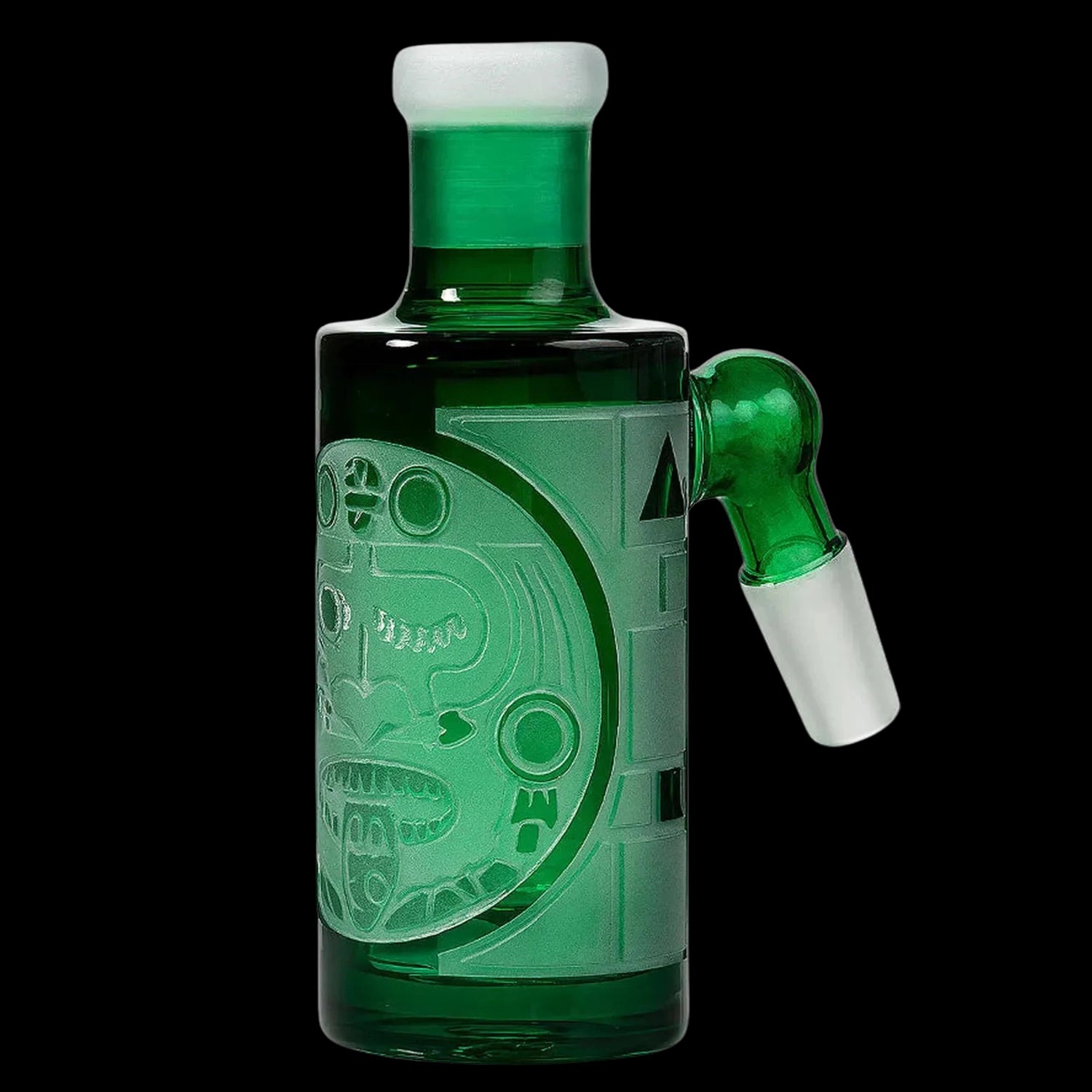Close-up three-quarter view of the green Milkyway Universe Ash Catcher showing frosted Aztec-style etching, a rounded male joint and white-tipped neck against a black background