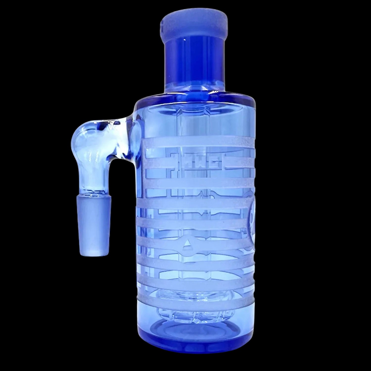 Close-up front view of a blue-tinted Milkyway Universe Ash Catcher showing its 45° male joint and frosted banded glass body against a black background.