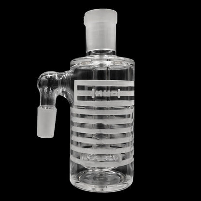 Close-up front view of the clear Milkyway Universe Ash Catcher showing its frosted joint, horizontal etched bands, and internal percolator against a black background