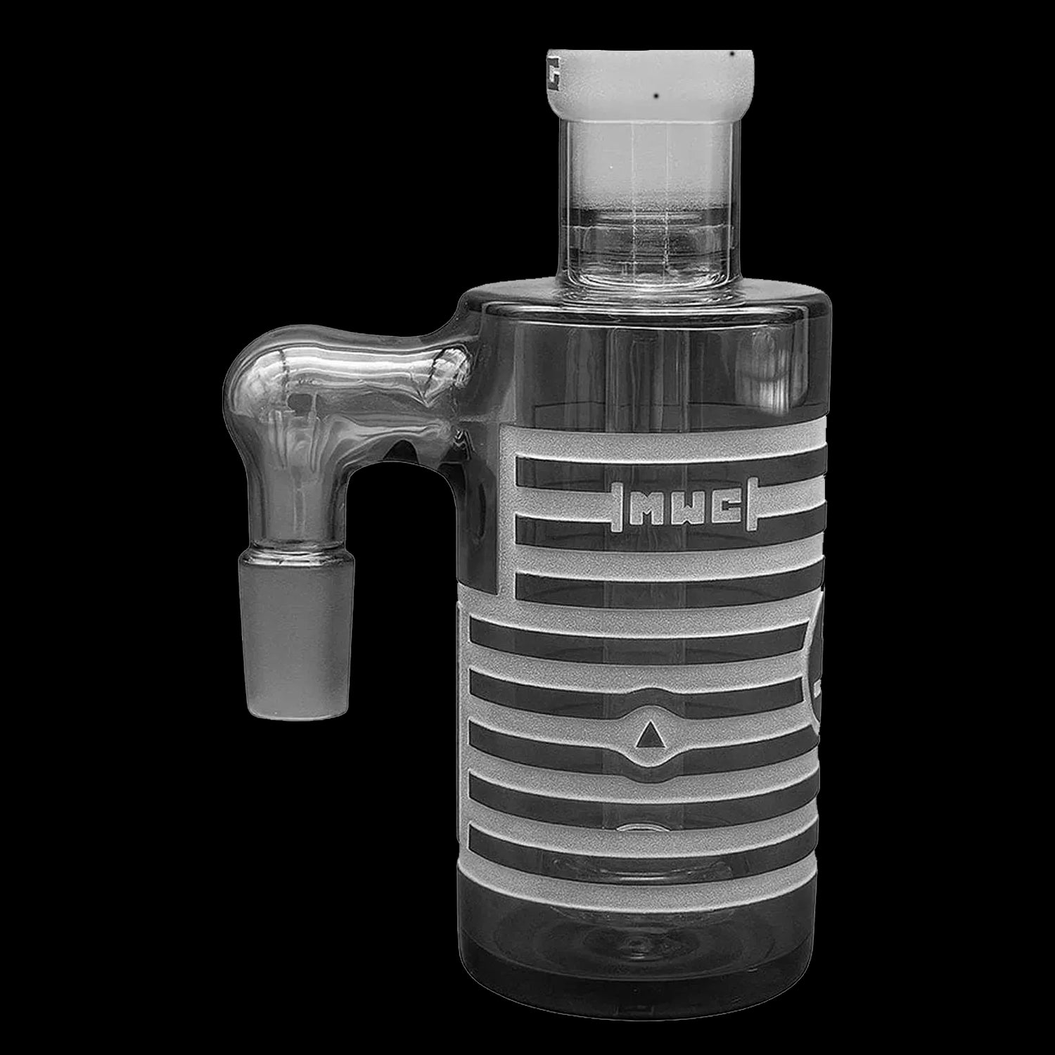 Close-up three-quarter view of the Milkyway Universe Ash Catcher showing its teal glass joint, striped frosted body, and angled male connector against a black background