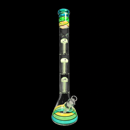 Centered front view of the Smoke Cartel Triple Chamber Mushroom Perc Beaker Bong - 22 in., tall with green-yellow striped base.