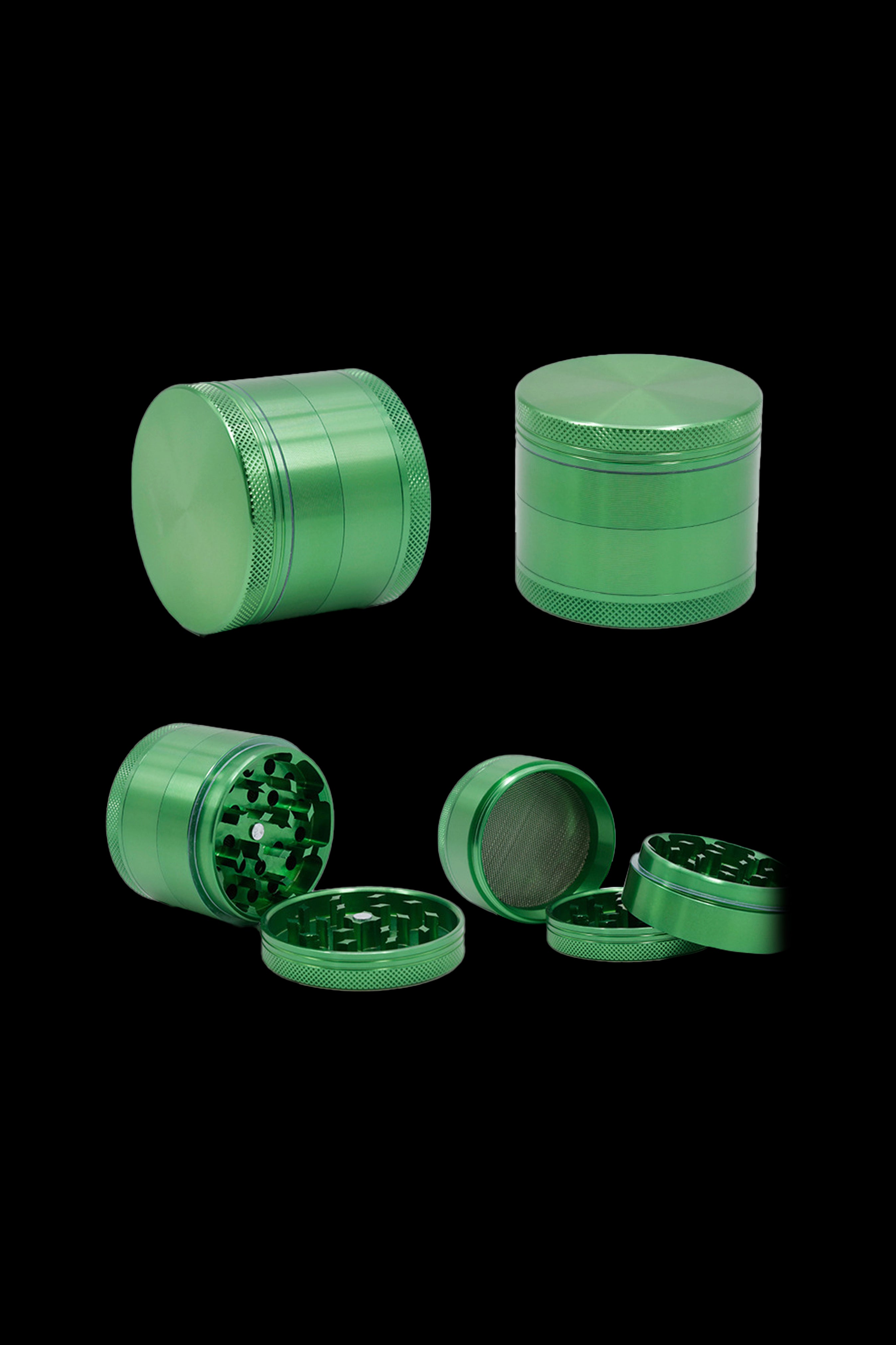 Green four-piece metal cannabis grinder, shown assembled and disassembled.