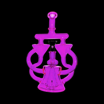 Purple glass dab rig with intricate looping design.