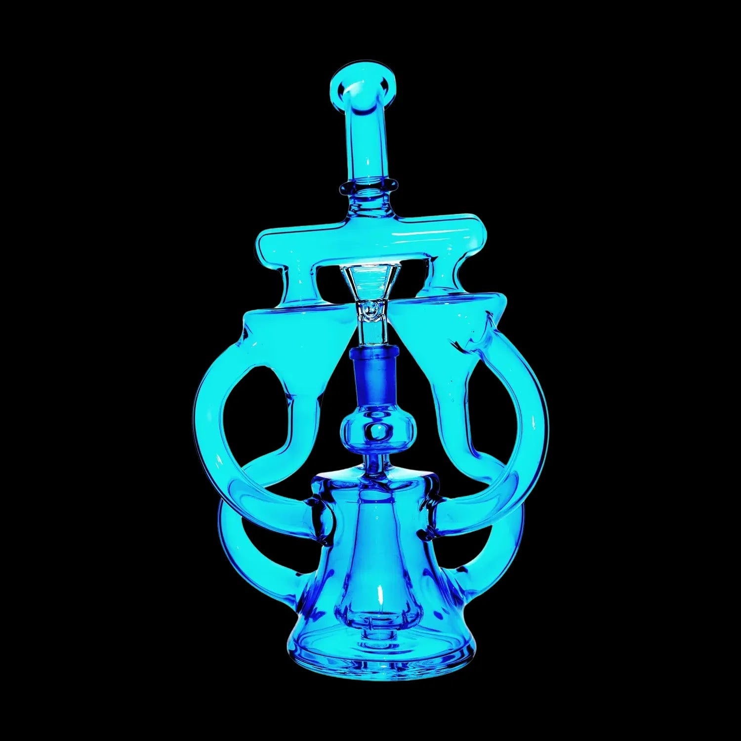 Blue glass water pipe (rig) with intricate looped design.