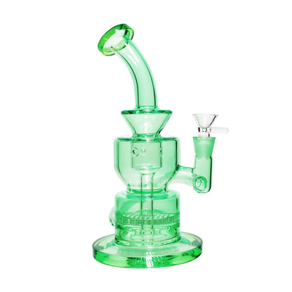 Smoke Cartel Neon Bent Neck with Honeycomb Percolator and Thick Base Bong shown in a close-up front view in translucent green against a white background.