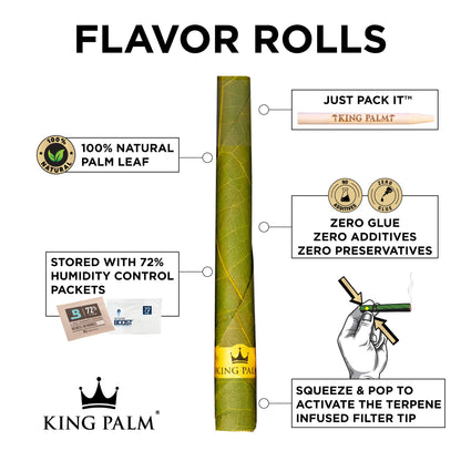 A promotional graphic for King Palm pre-rolled cones, highlighting their natural palm leaf material, humidity control packets, zero additives, and terpene-infused filter tip.