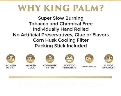 Marketing for King Palm pre-rolled cones highlighting natural materials, slow burn, and features like a corn husk filter and packing stick.