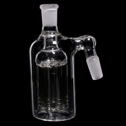 Close-up angled view of the Smoke Cartel 8 Arm Tree Perc Ash Catcher - 90 degree - 14mm showing clear glass percolator arms and a frosted 90-degree joint against a black background