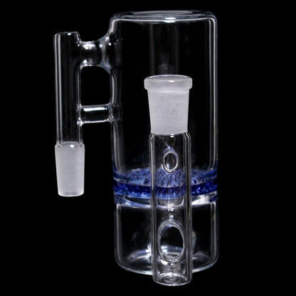 Close-up, front-angle view of the Smoke Cartel Honeycomb Ash Catcher - 90 degree - 14mm showing its clear glass chamber, frosted joint, and visible honeycomb percolator ring against a black background.