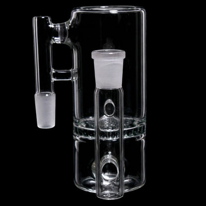 Close-up front view of the Smoke Cartel Honeycomb Ash Catcher - 90 degree - 14mm showing clear glass chambers and frosted joints against a black background.