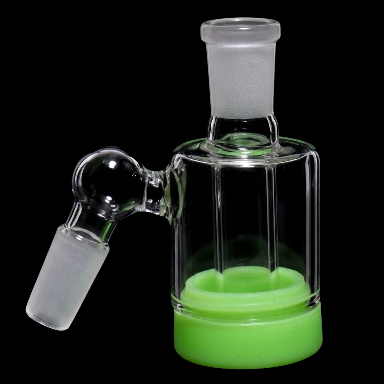 Close-up, angled view of the Smoke Cartel 3.5-inch Silicone Base Reclaim Ash Catcher - 45 degree - 14mm showing clear glass joints and a bright blue/green silicone base against a black background