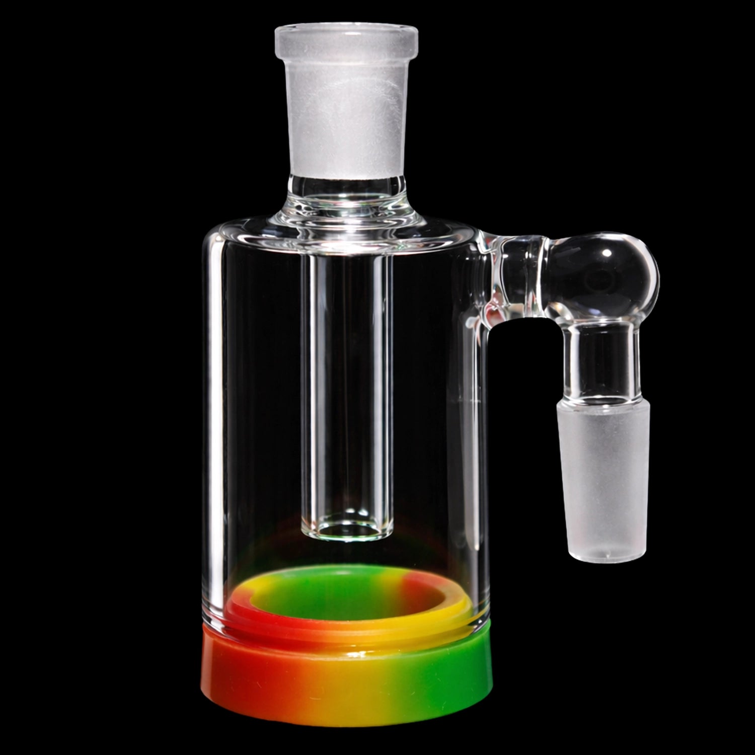 Close-up, angled view of the Smoke Cartel 4-inch Silicone Base Reclaim Ash Catcher - 90 degree - 14mm showing clear glass joints and a multicolored silicone base.