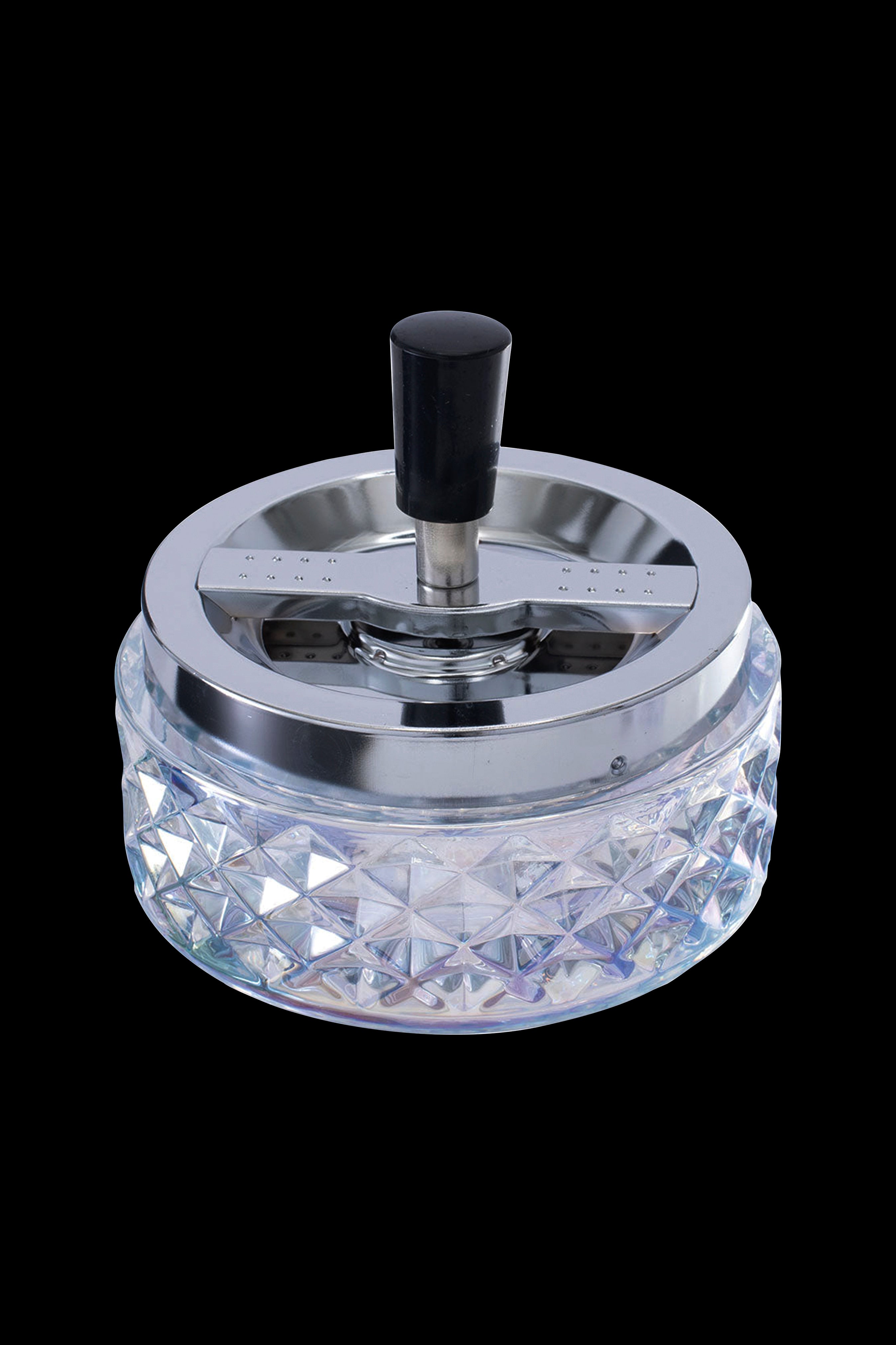 Crystal ashtray with a metallic rotating lid, designed for cannabis use.