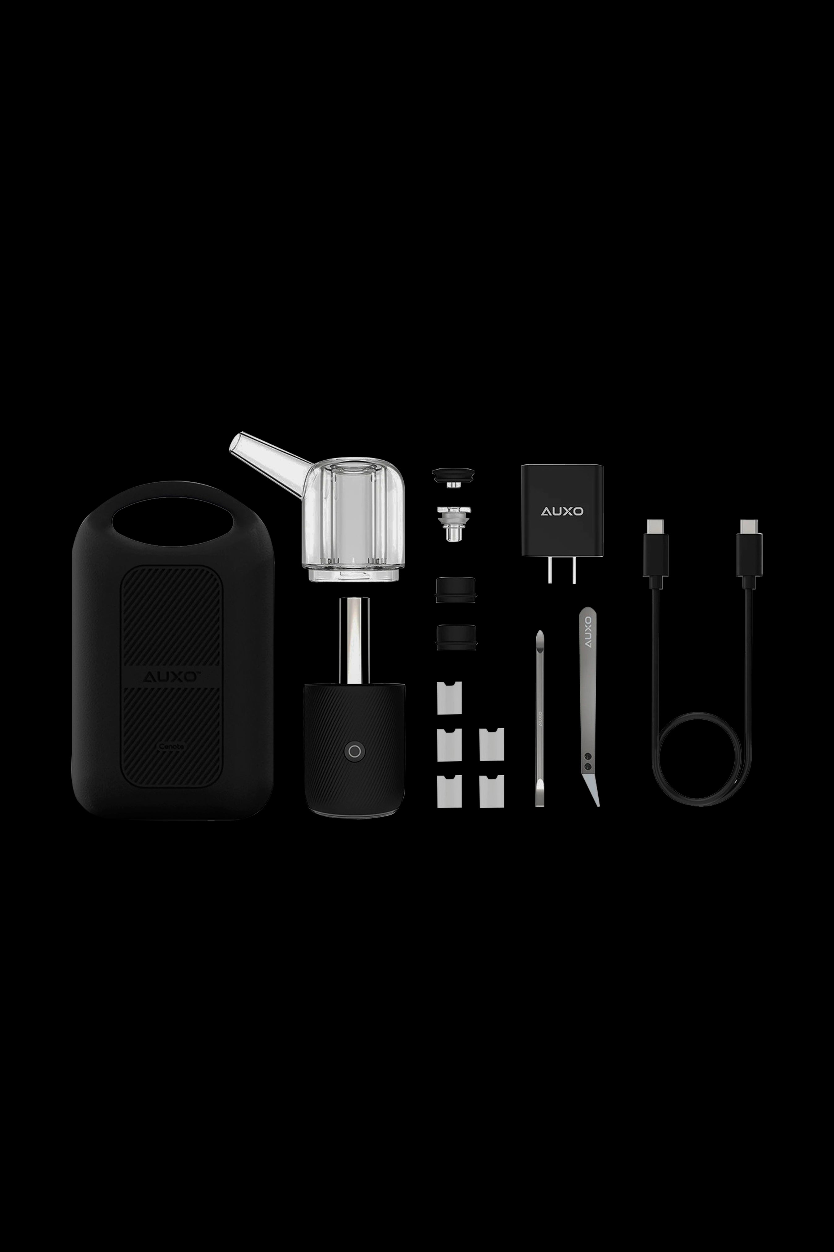 Auxe cannabis vaporizer kit laid out on a black surface, including the device, glass chamber, charging cable, and various accessories.