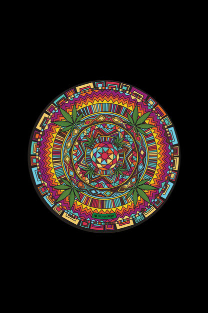 Bottom-centered close-up of a colorful mandala with green leaf motifs reading "StonerDays Mandala Dab Mat Combo - 4 Pack" against a black background