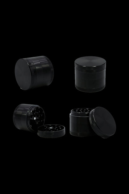 Black four-piece cannabis grinder set displayed in various disassembled views.