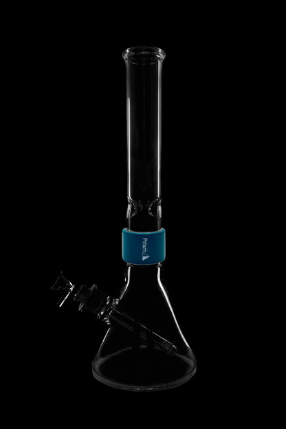 Clear glass bong with a blue accent band and intricate percolator visible within.