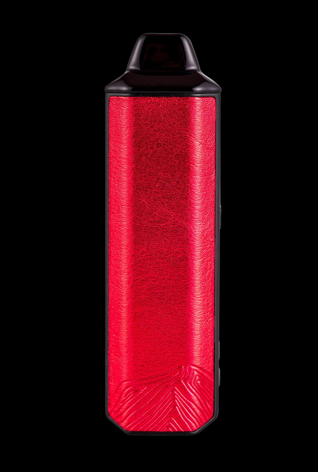 Red cannabis vape pen on a black background.