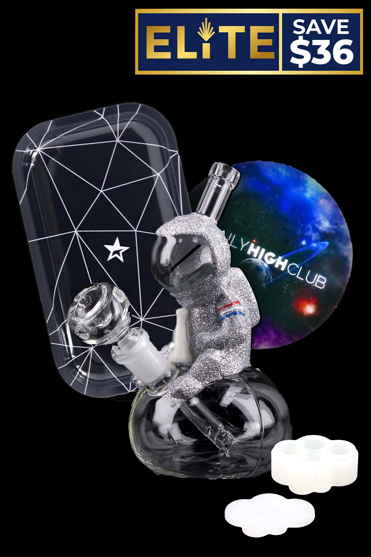 A glass cannabis water pipe shaped like an astronaut, accompanied by a protective case and white fluffy clouds, with a “SAVE $36” banner and “Daily High Club” branding.