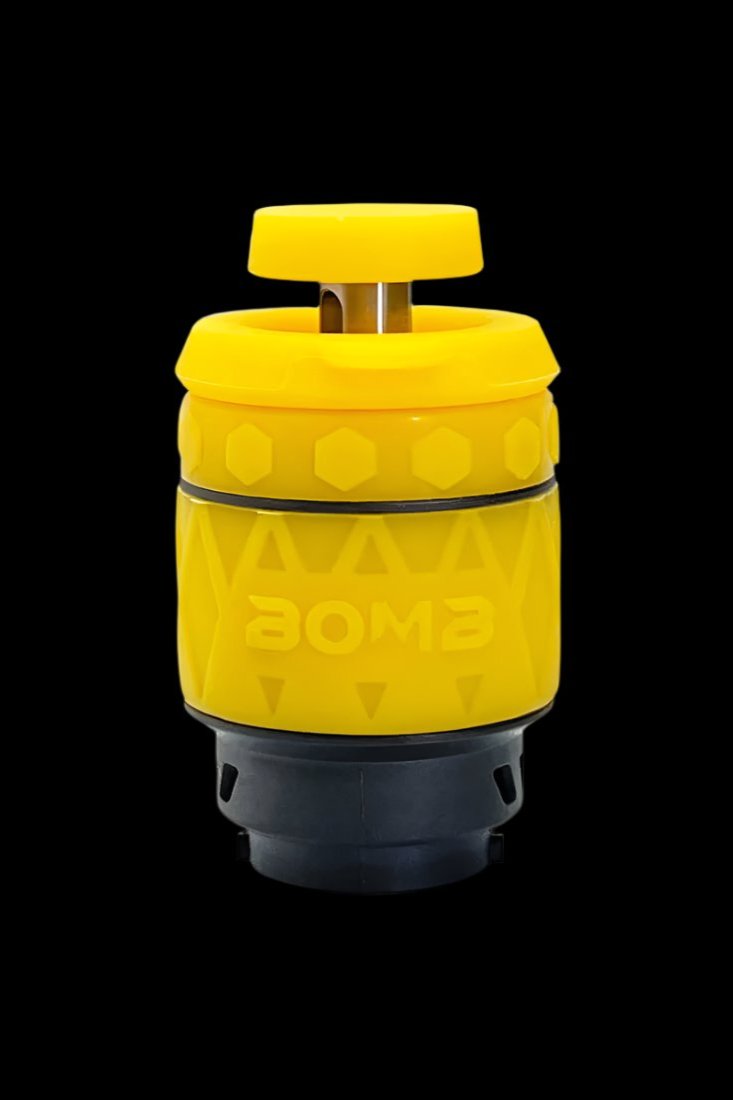 Yellow cannabis oil vaporizer cartridge with black base.
