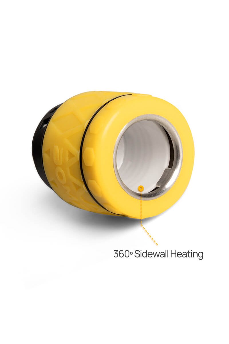 Yellow cannabis vaporizer with a highlighted diagram showcasing 360° sidewall heating technology.