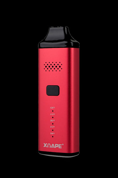 Red XMAXE V3 Pro portable dry herb vaporizer with temperature settings displayed.