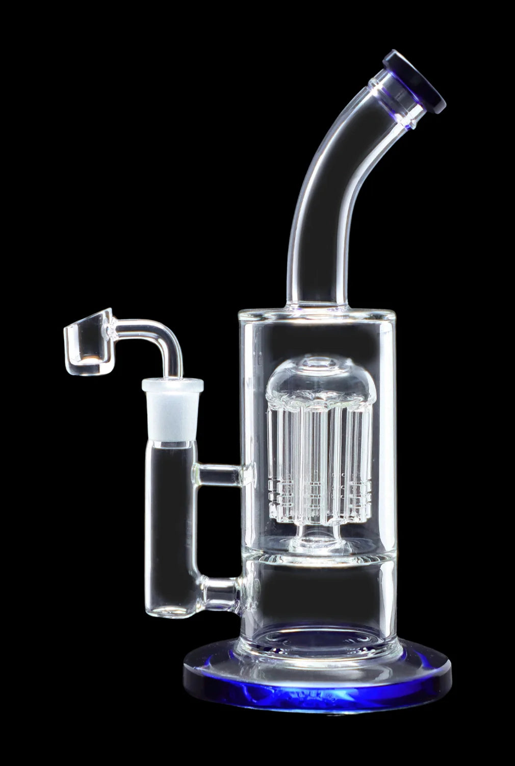 Clear glass water pipe (rig) with a perc filtration system and dab nail, isolated on black.