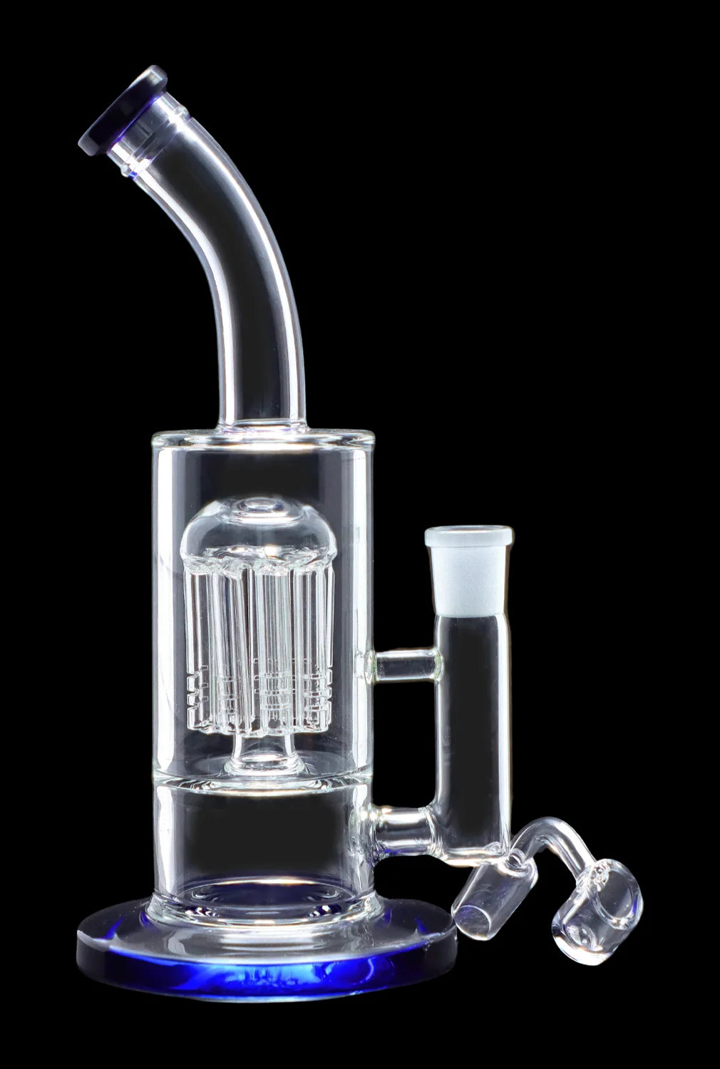 Clear glass water pipe (bong) with a percolator and accompanying glass downstem, isolated on a black background.