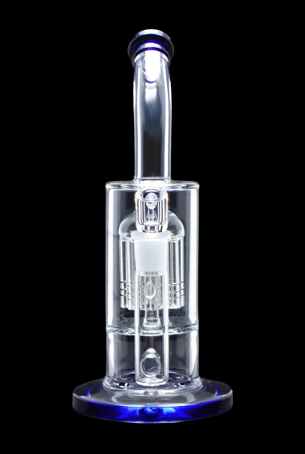 Clear glass dab rig with intricate percolators, illuminated with blue light against a black background.